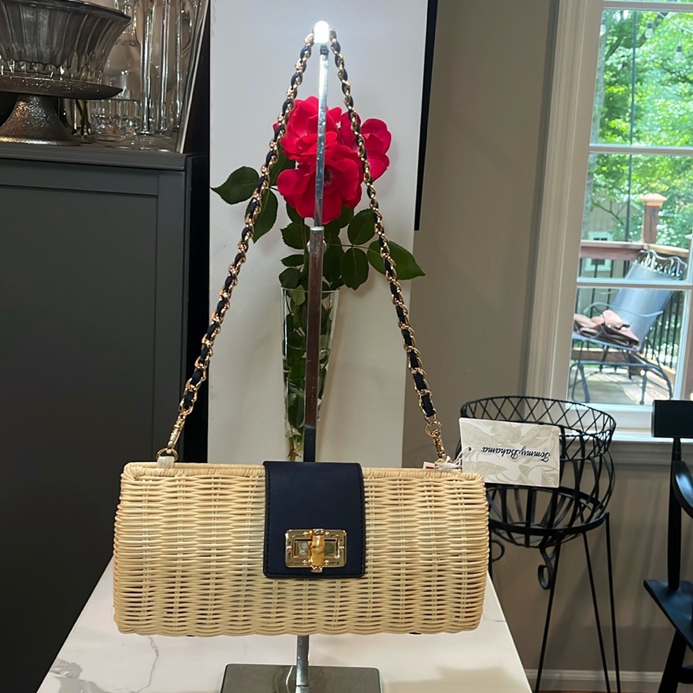 Tommy Bahama Woven Straw Shoulder Clutch Bag in Natural with Navy Trim